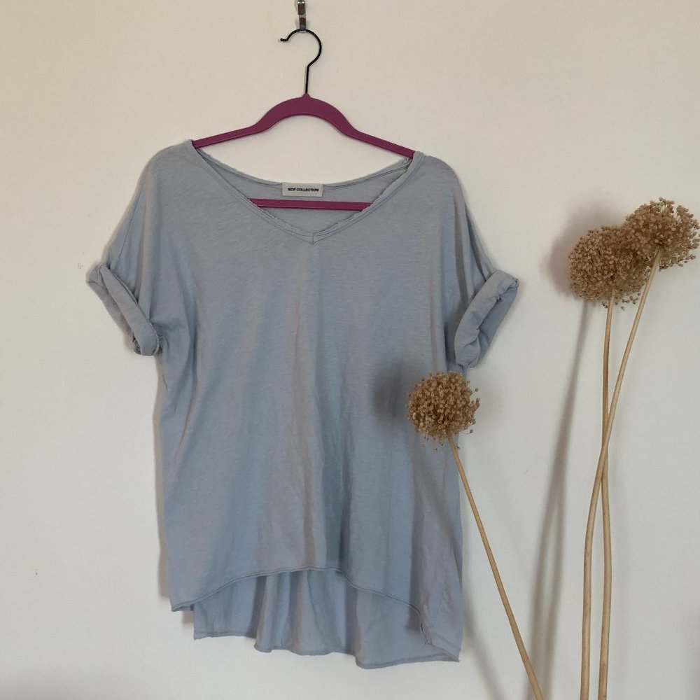 Pale Blue Oversized Vneck Cotton Stretch Tee - S M - Picture 3 of 7